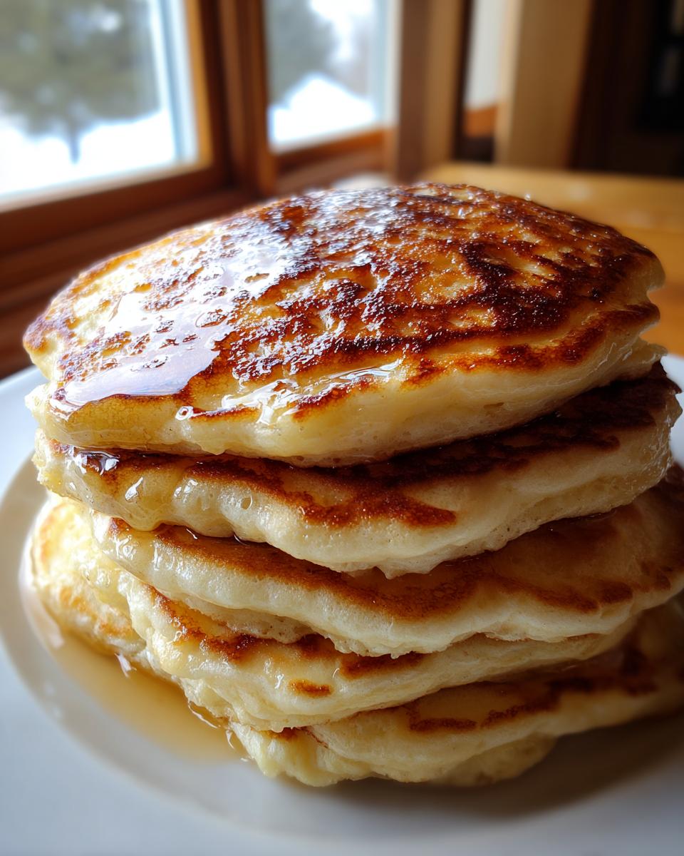 A tall stack of four fluffy pancakes dripping with golden syrup, ready to eat.