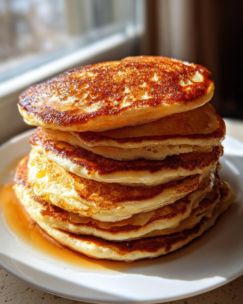 A tall stack of golden brown, fluffy pancakes drenched in syrup on a white plate.