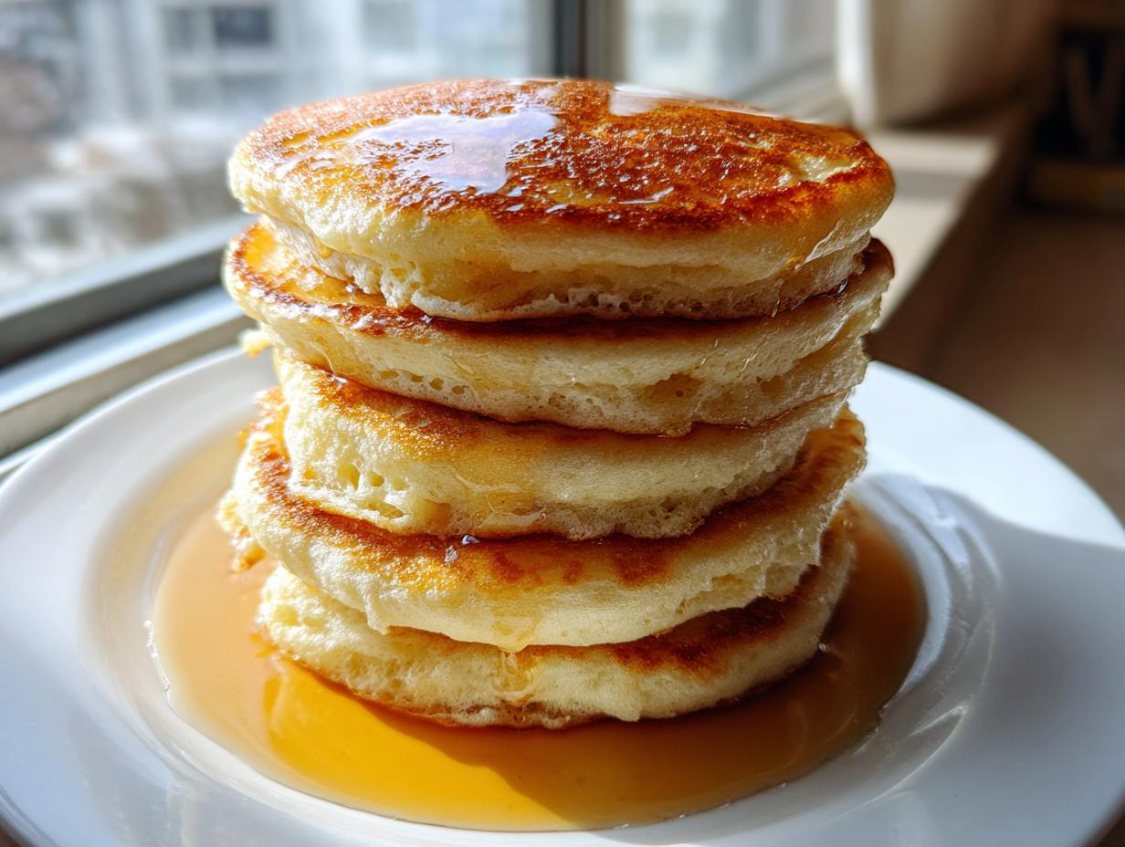 A tall stack of five perfectly cooked, fluffy pancakes drizzled with syrup.