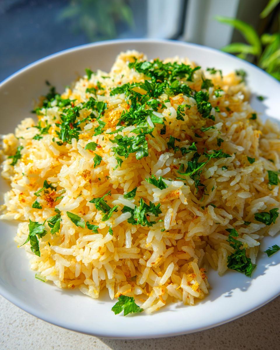 A close-up of bright yellow turmeric rice served in a white bowl, garnished generously with chopped fresh parsley.