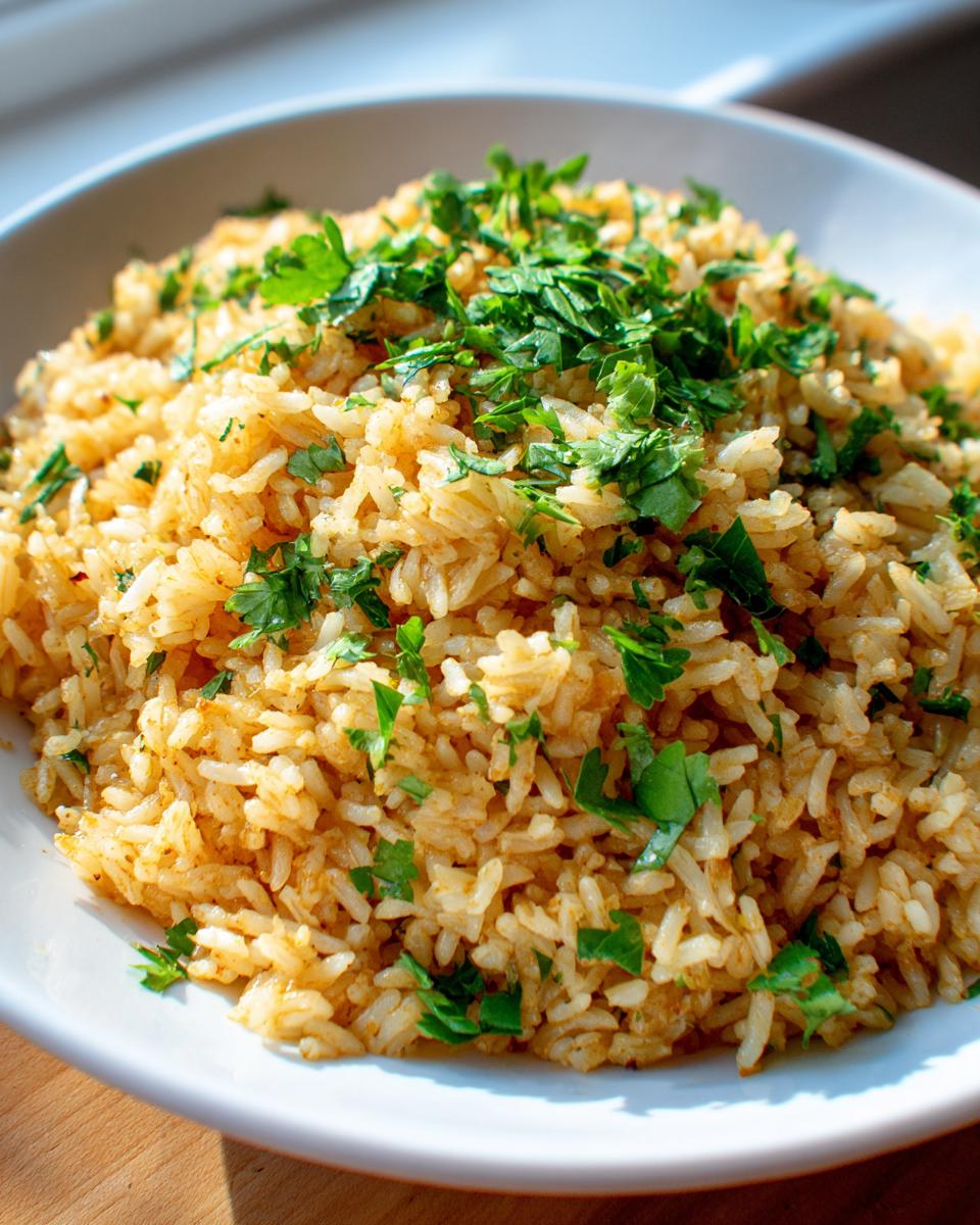 A close-up of golden turmeric rice served in a white bowl and topped generously with chopped fresh parsley.
