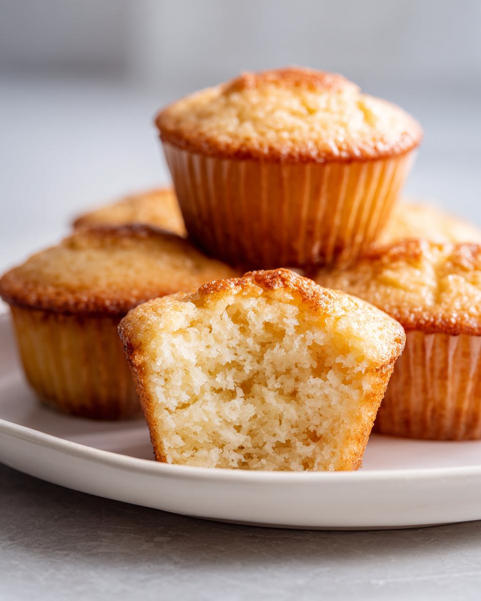 A stack of golden-topped vanilla cupcakes, one bitten into, revealing a moist, fluffy interior.