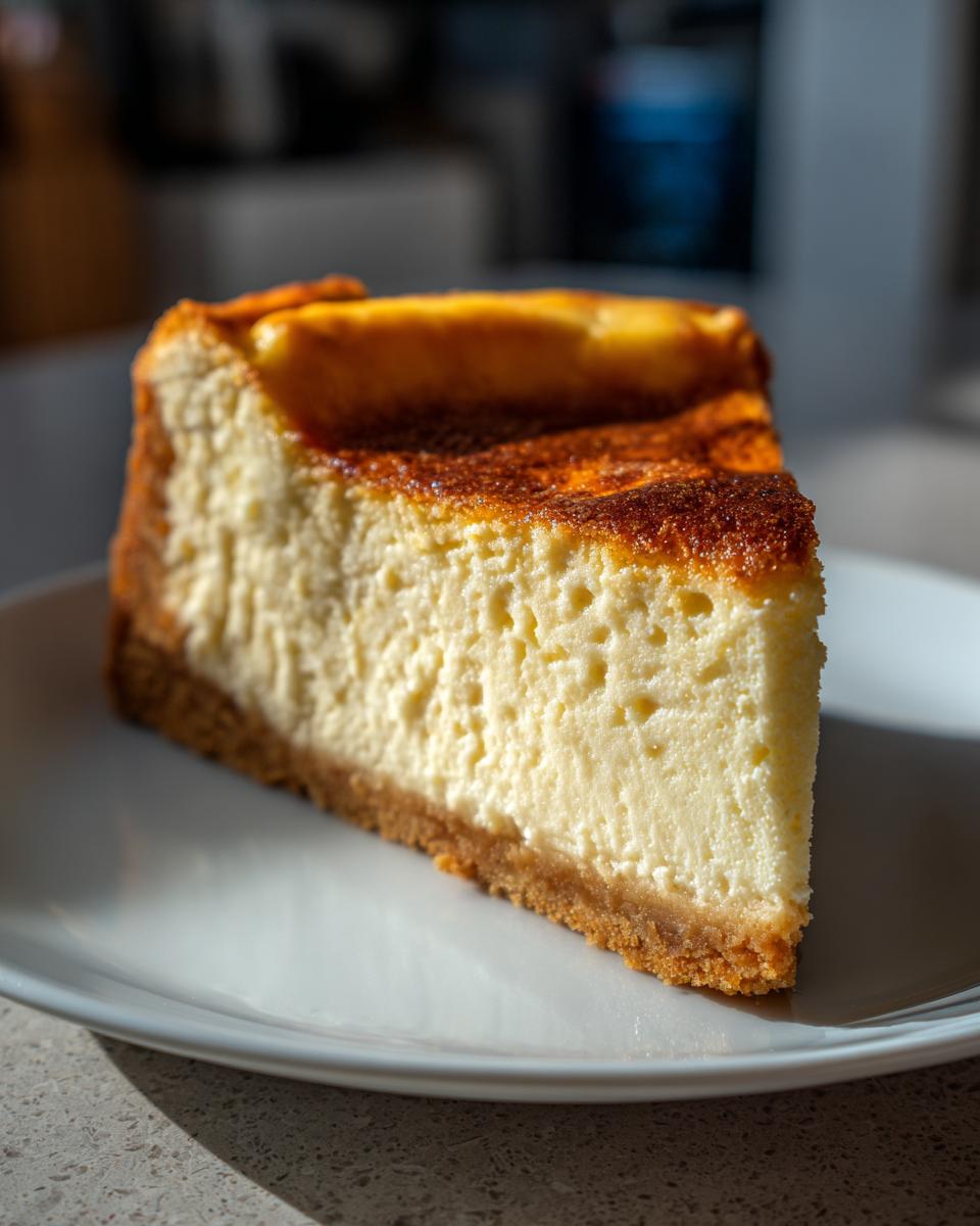 A perfect slice of creamy, foolproof cheesecake with a golden-brown crust and slightly caramelized top, served on a white plate.