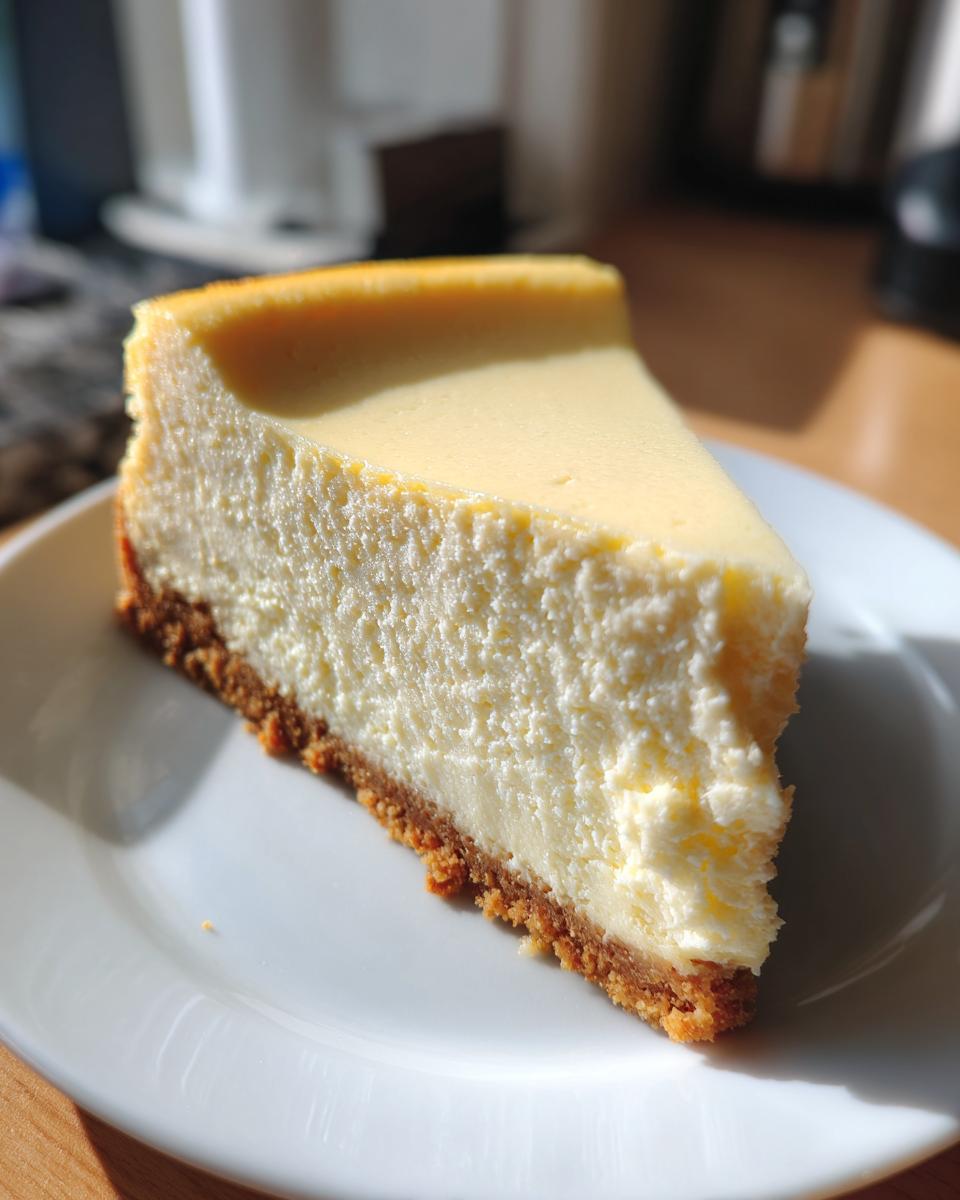 A perfect slice of creamy, foolproof cheesecake with a graham cracker crust on a white plate.