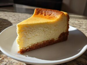 A perfect slice of foolproof cheesecake with a golden-brown top and graham cracker crust, served on a white plate.