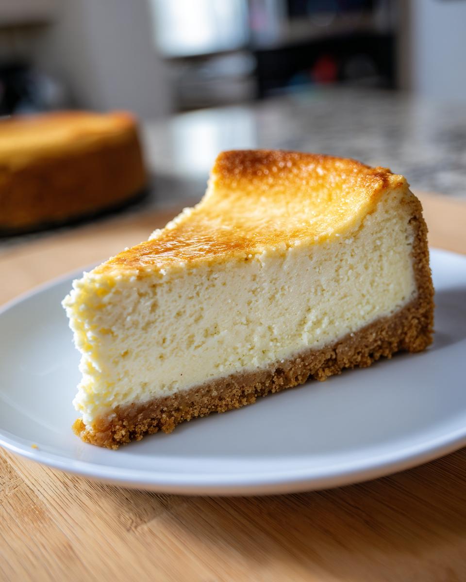 A perfect slice of creamy cheesecake with a golden-brown crust on a white plate.