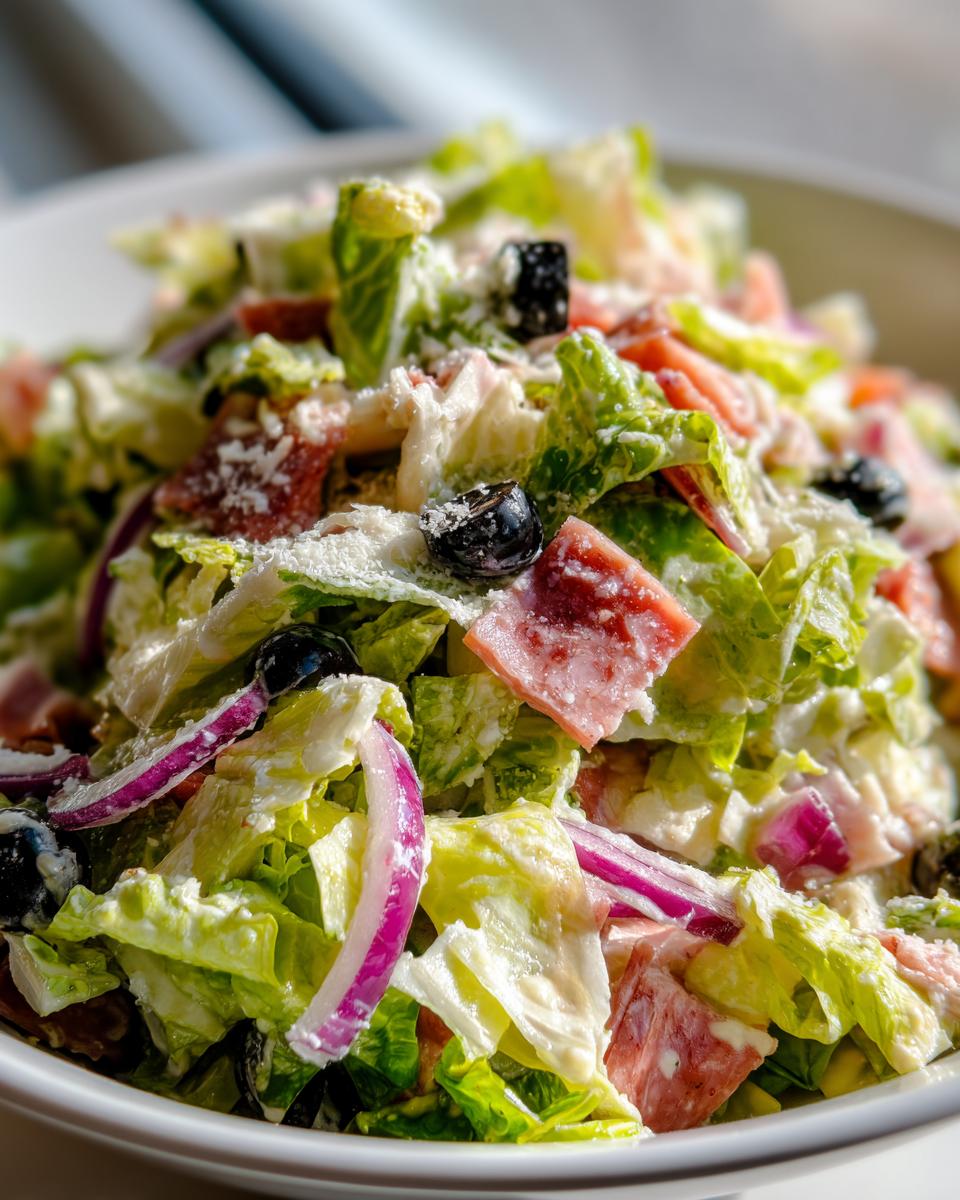 A close-up view of a vibrant grinder salad featuring chopped lettuce, red onion, black olives, meat, and creamy dressing.