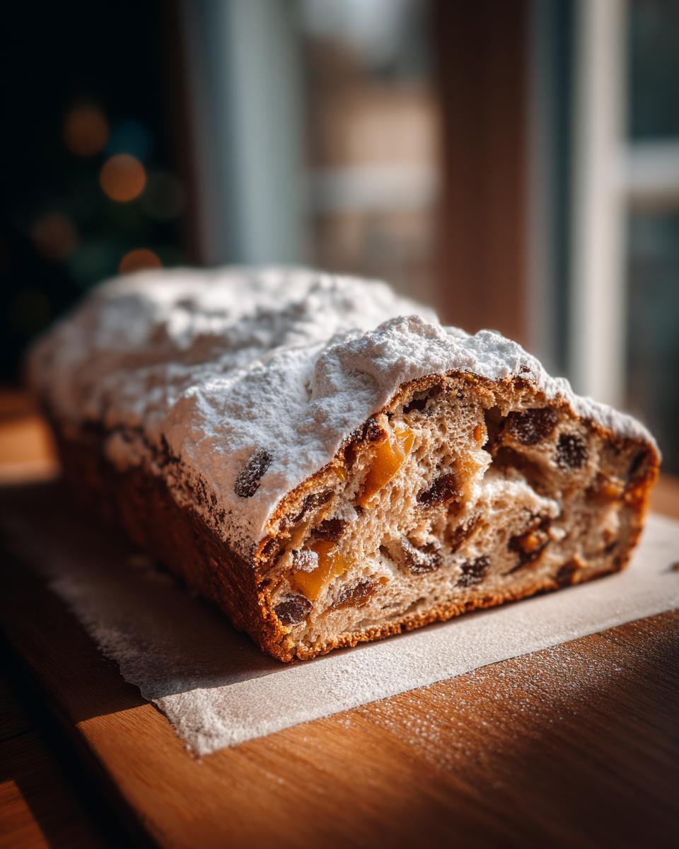 A close-up of a freshly baked Stollen loaf, dusted heavily with powdered sugar, showing dried fruit inside.