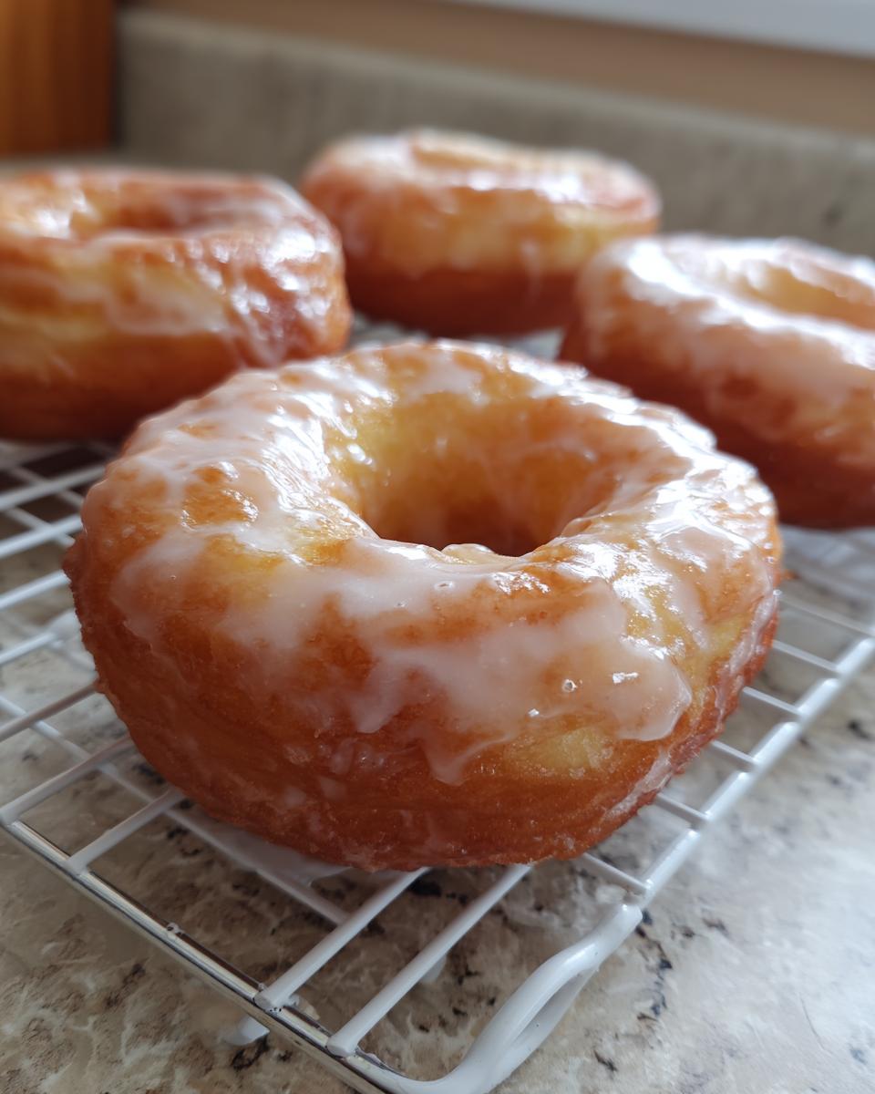 A close-up of several freshly made glazed donuts resting on a white wire cooling rack.