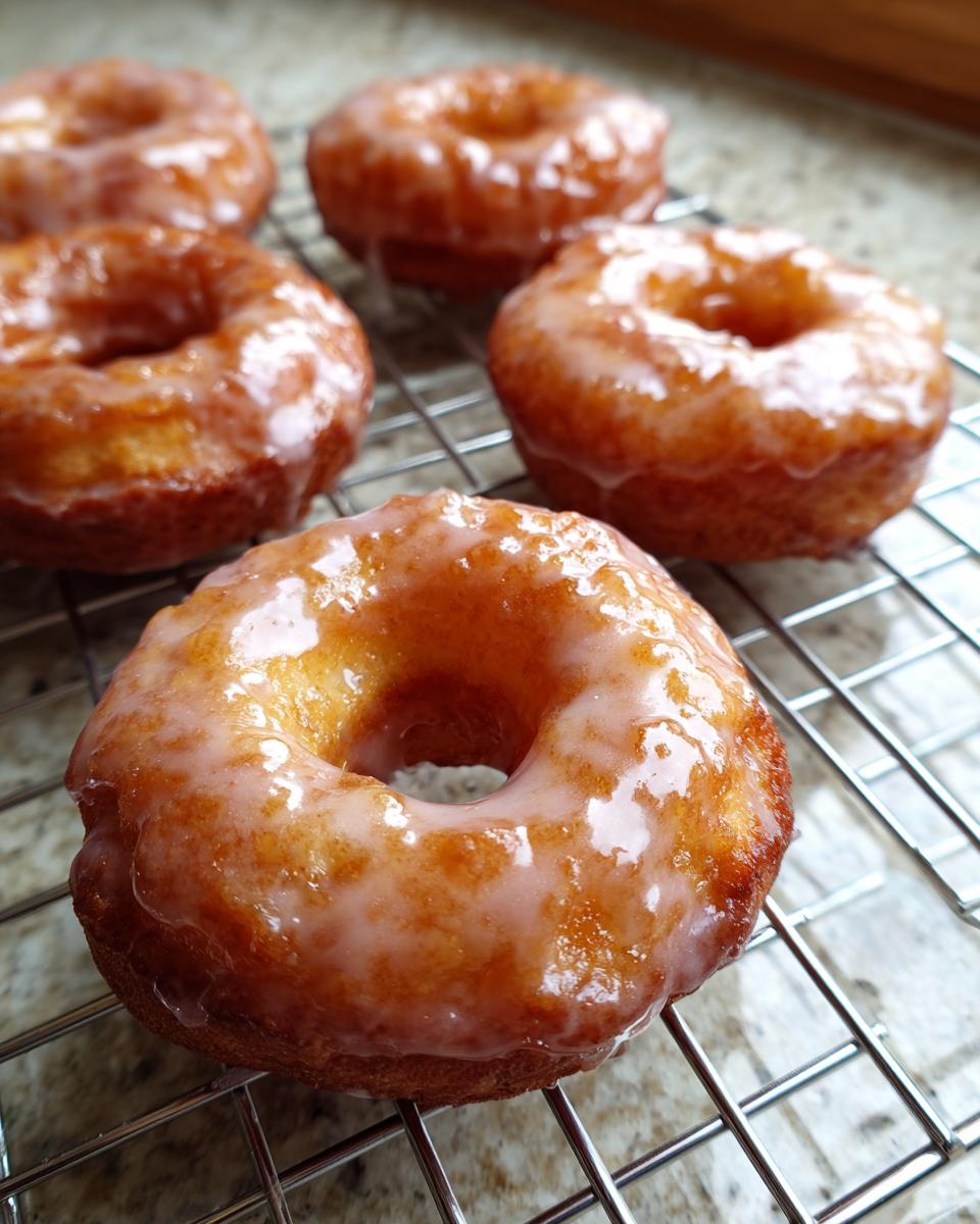 Close-up of several freshly made glazed donuts resting on a silver wire cooling rack.