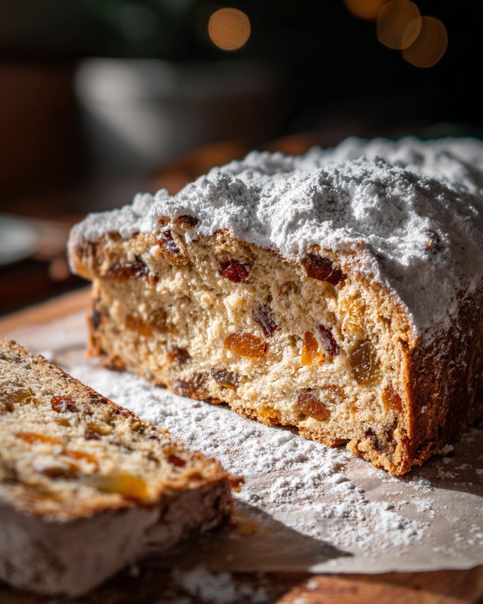 A close-up of a freshly baked Stollen loaf, heavily dusted with powdered sugar, with one slice cut and lying next to it.