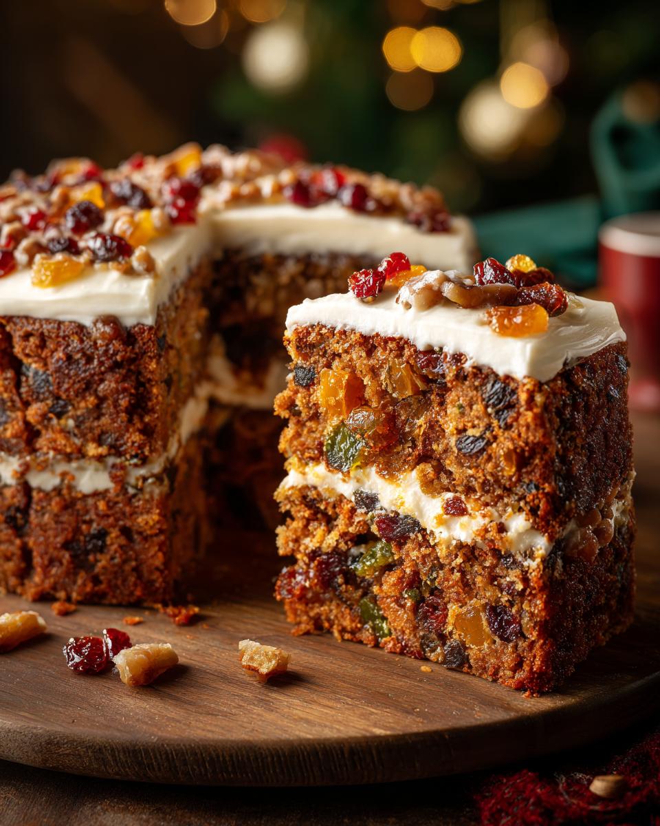 A slice of rich, dark Fruitcake topped with white frosting and candied fruits, showcasing its dense texture and fruit inclusions.