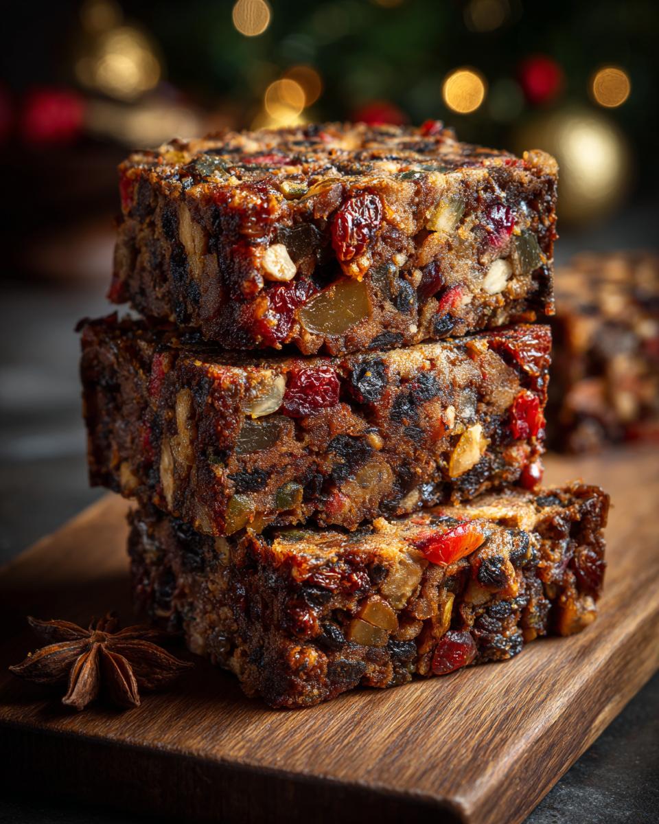 Stack of three rich fruitcake slices on a wooden board, featuring dried fruits, nuts, and spices.