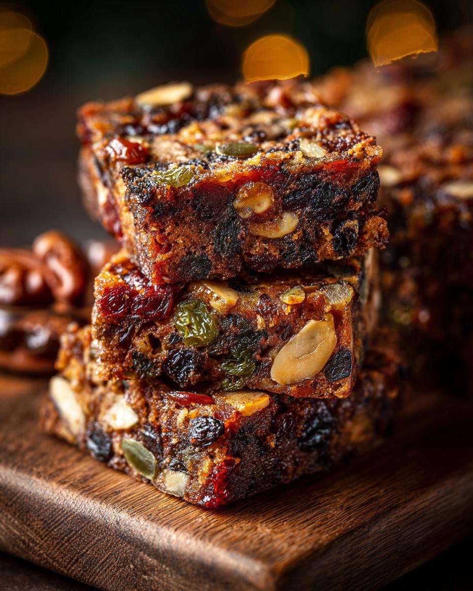 A stack of three rich and dense fruitcake slices, packed with dried fruits and nuts, on a wooden board.