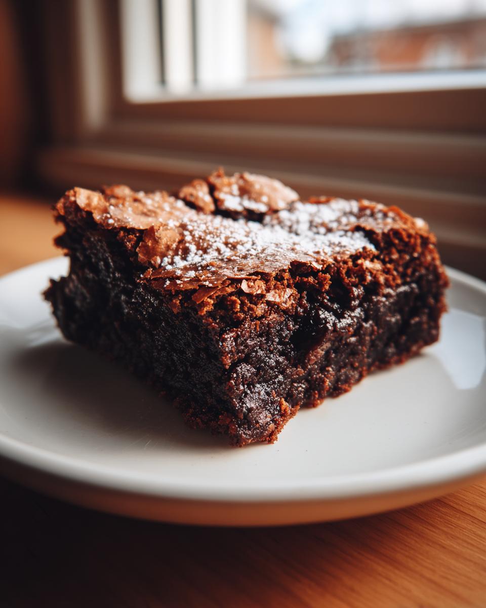 A close-up of a rich, fudgy brownie slice dusted with powdered sugar, resting on a white plate.