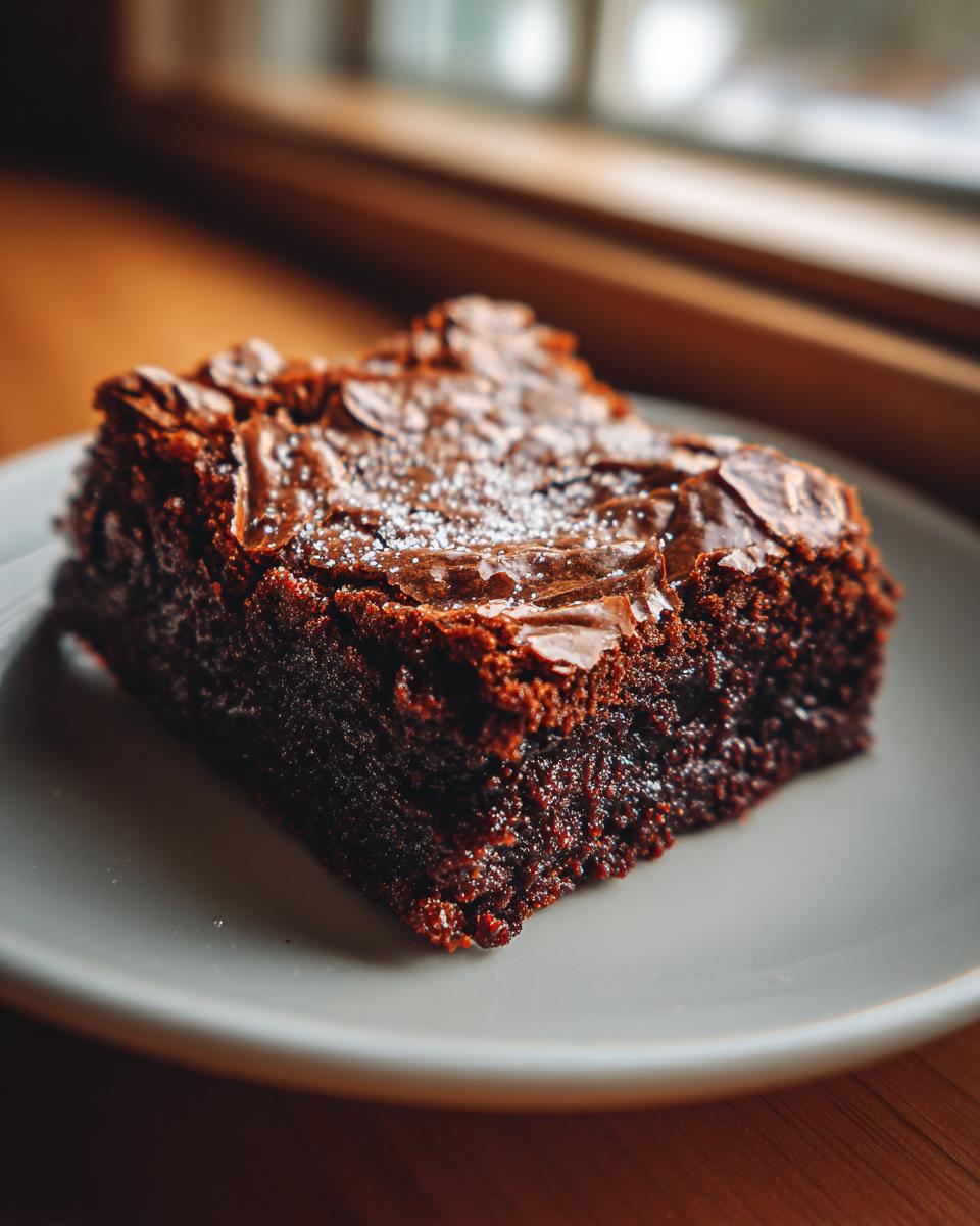A close-up of a rich, fudgy square of brownies dusted lightly with powdered sugar.