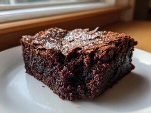 A close-up of a rich, fudgy brownie square with a shiny, crackly top, served on a white plate.