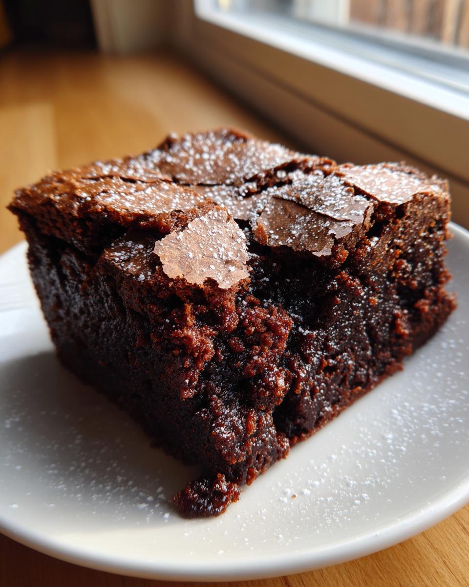 A close-up of a rich, fudgy square of brownies dusted with powdered sugar on a white plate.