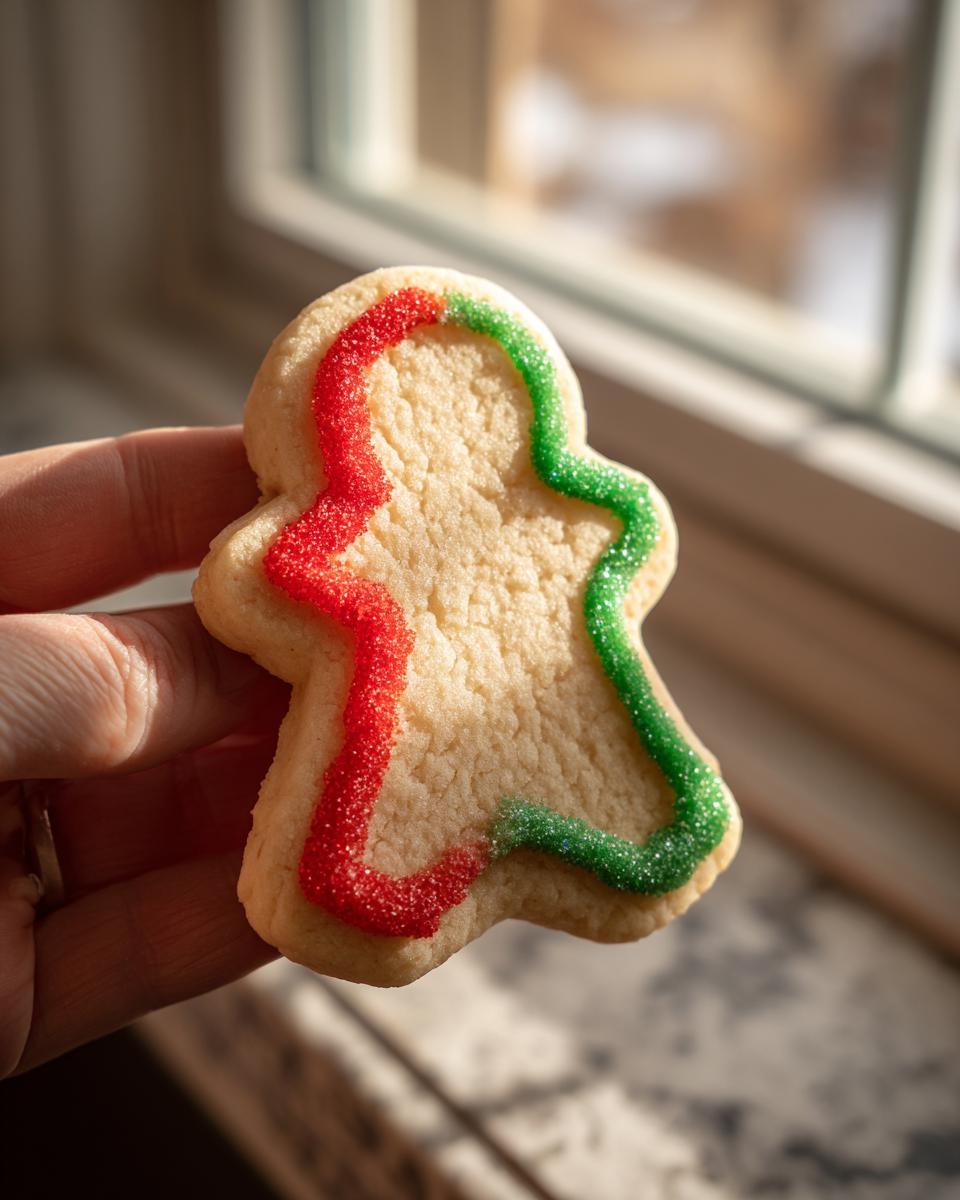 A hand holding a simple gingerbread man shaped Christmas sugar cookies decorated with red and green sanding sugar.