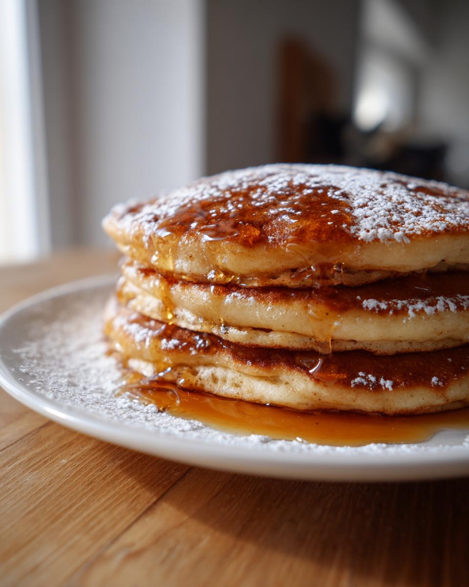 Close-up of a tall stack of fluffy Gingerbread pancakes drizzled with syrup and dusted with powdered sugar.