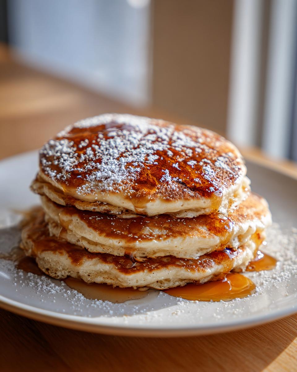 A tall stack of fluffy Gingerbread pancakes drizzled with syrup and dusted with powdered sugar.