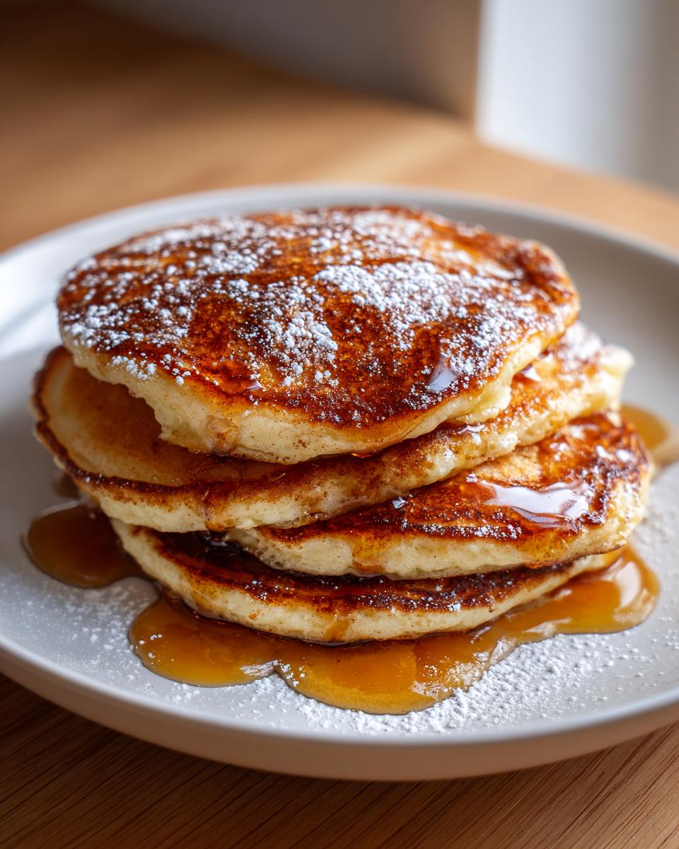 A tall stack of four golden brown Gingerbread pancakes drizzled with syrup and dusted with powdered sugar.