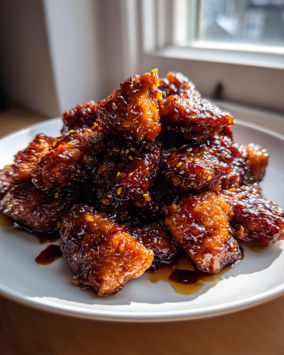 Close-up of crispy, glazed Chicken teriyaki pieces piled high on a white plate, sprinkled with sesame seeds.