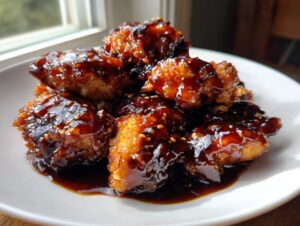 Close-up of crispy, glazed Chicken teriyaki pieces coated in a thick, dark sauce and sprinkled with sesame seeds.