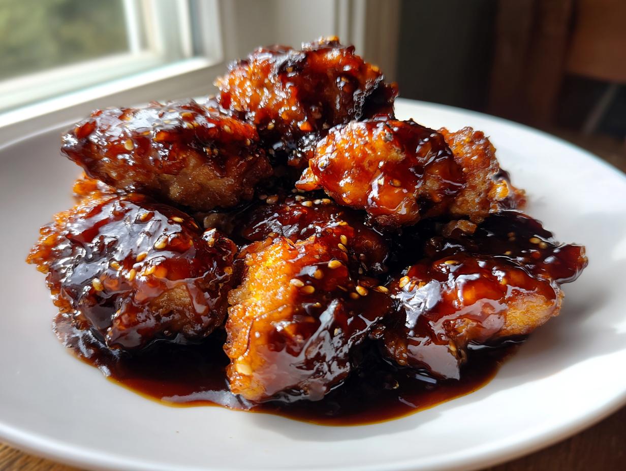 Close-up of crispy, glazed Chicken teriyaki pieces coated in a thick, dark sauce and sprinkled with sesame seeds.