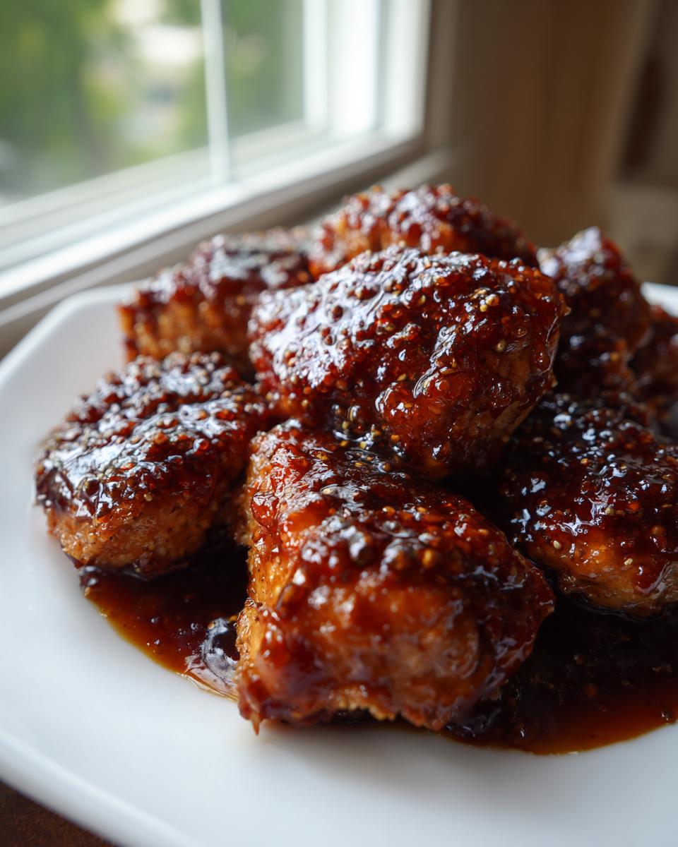 Close-up of several pieces of juicy Chicken teriyaki coated in a thick, shiny, dark brown glaze with sesame seeds.