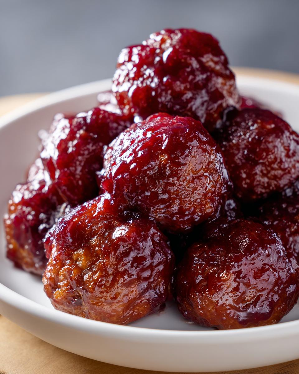 Close-up of several glistening Grape Jelly Meatballs piled high in a white serving bowl.