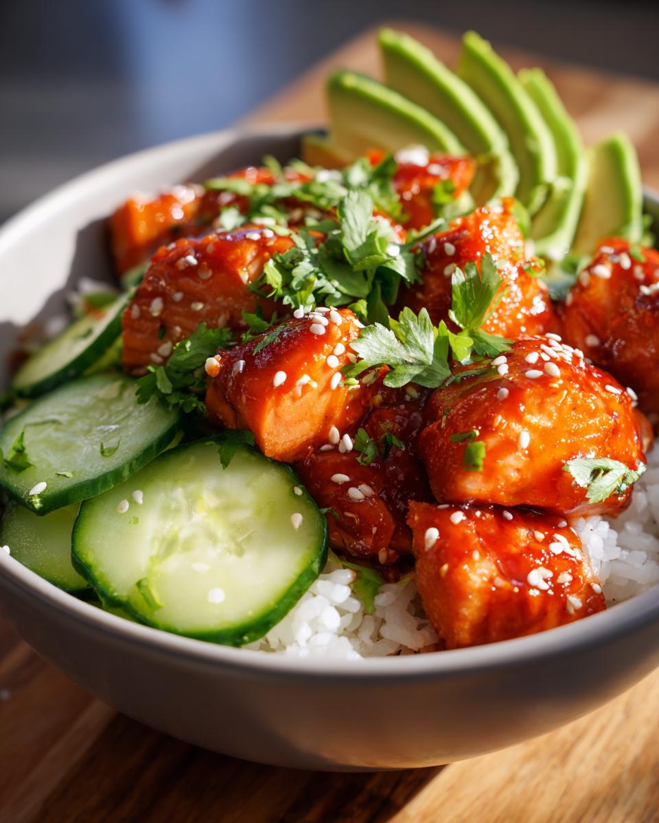 Close-up of a delicious salmon bowls featuring glazed salmon chunks over rice, topped with sesame seeds, cucumber, and avocado slices.
