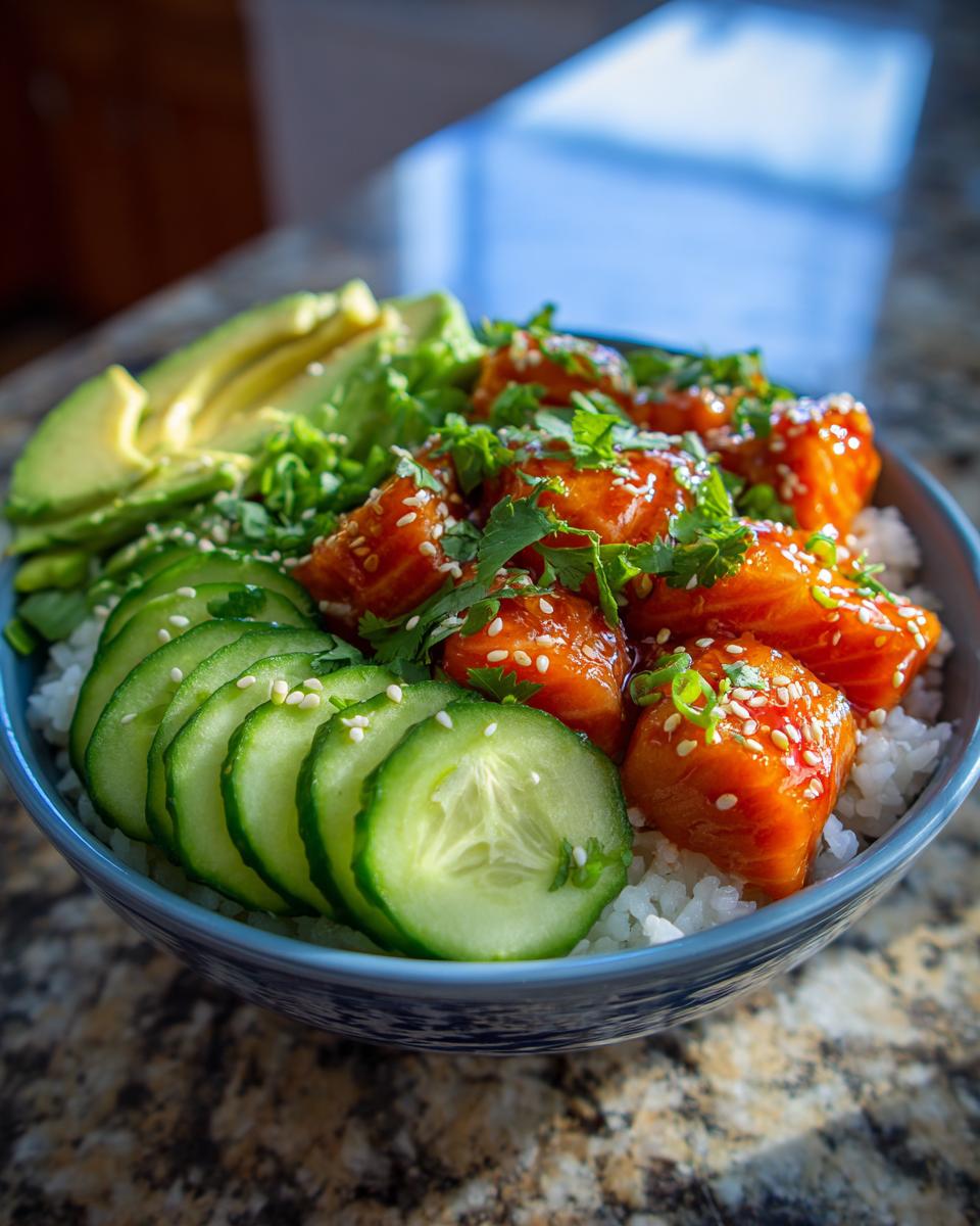 Close-up of a delicious salmon bowls featuring glazed salmon cubes over rice with sliced cucumber and avocado.