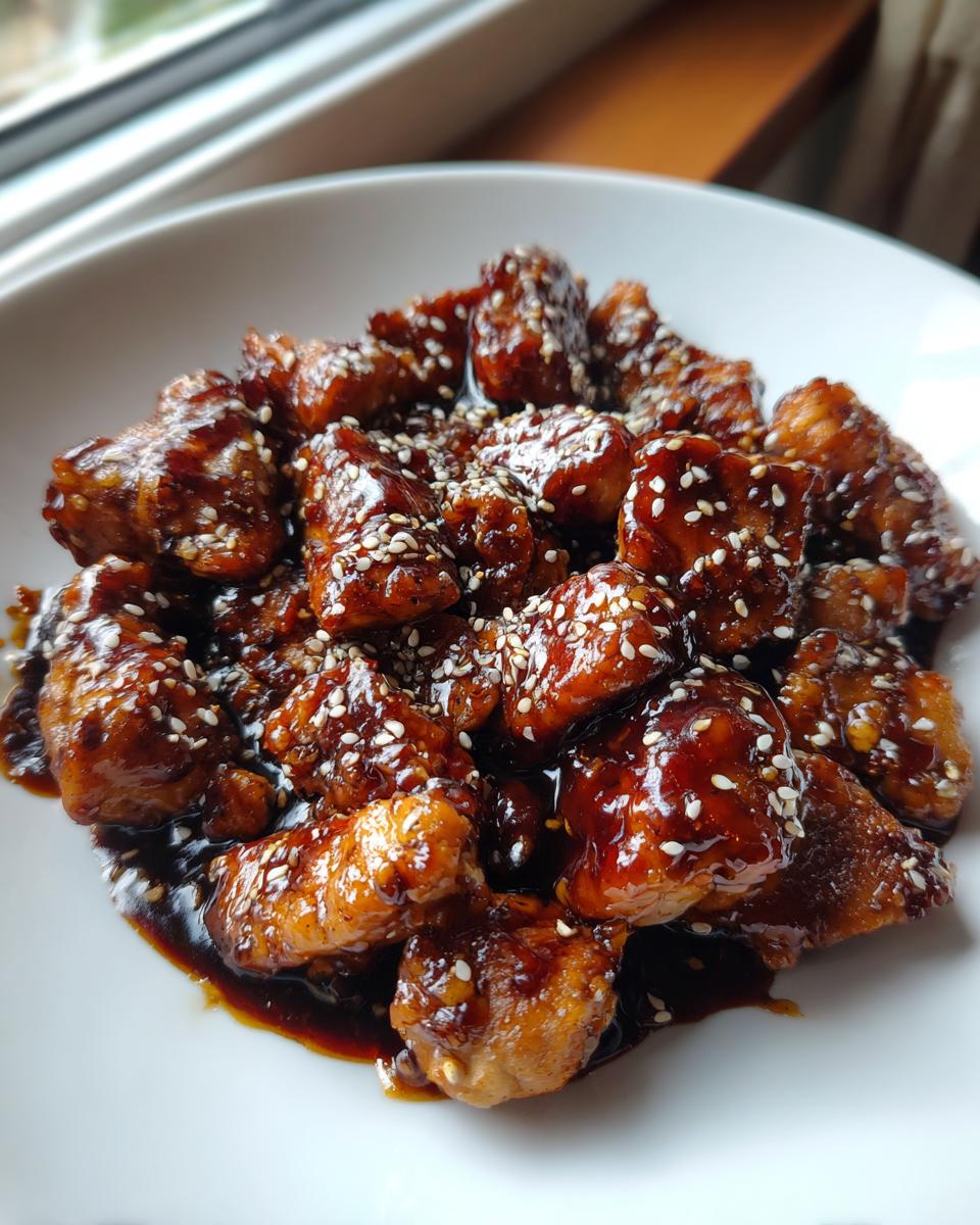 Close-up of bite-sized pieces of sticky Chicken teriyaki coated in dark glaze and sprinkled with white sesame seeds.