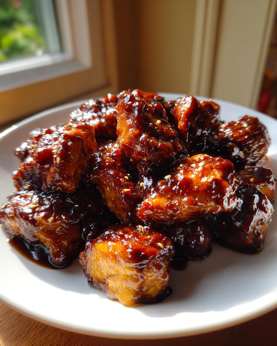 Close-up of glistening, saucy chunks of Chicken teriyaki sprinkled with sesame seeds on a white plate.