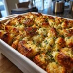 Close-up of a white baking dish filled with golden-brown gluten-free stuffing, topped with herbs.