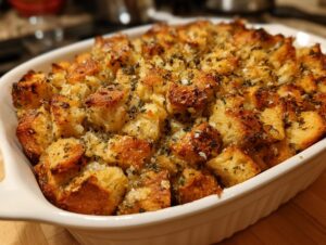 Close-up of a white baking dish filled with golden-brown cubes of gluten-free stuffing, seasoned with herbs.