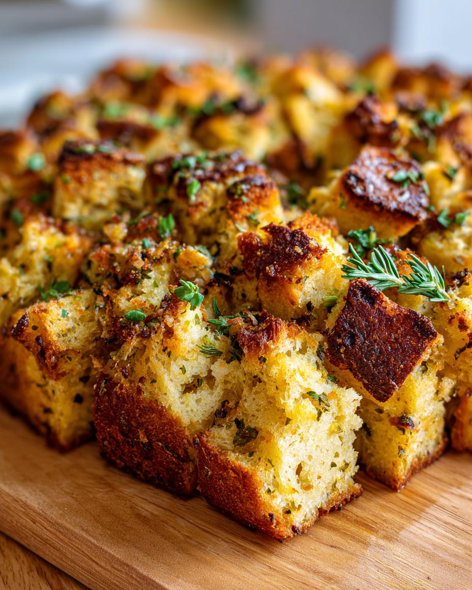 Close-up of golden-brown, herb-flecked cubes of gluten-free stuffing on a wooden board.