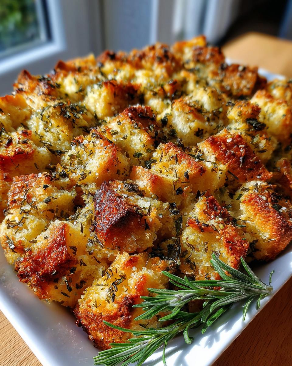 Close-up of a golden-brown gluten-free stuffing dish, seasoned with herbs and garnished with fresh rosemary.