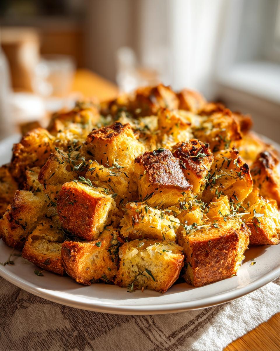 A close-up of a pile of golden-brown cubes of gluten-free stuffing, sprinkled with fresh herbs.