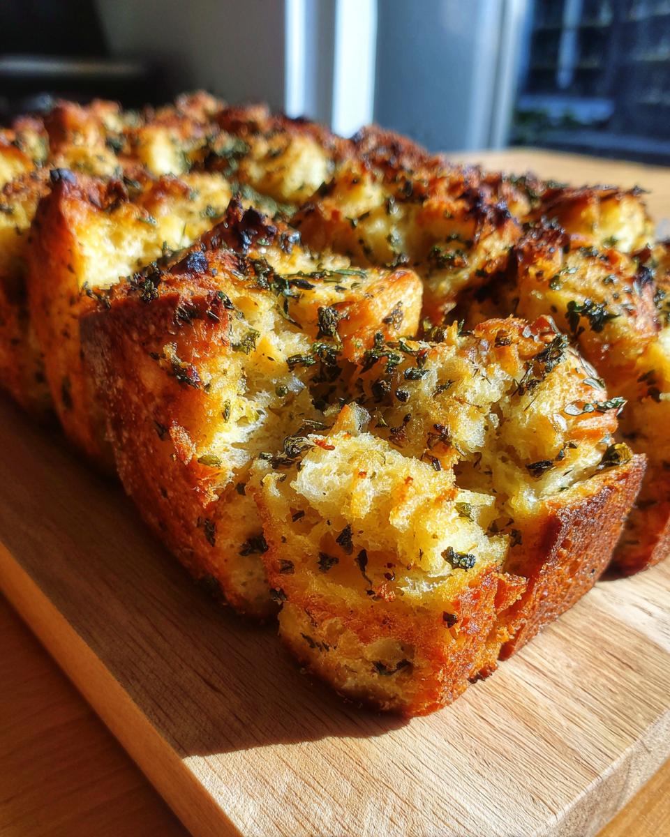 Close-up of a golden-brown gluten-free stuffing loaf, topped with herbs, on a wooden board.