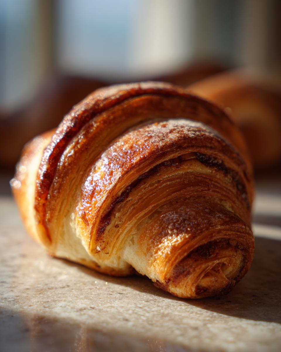 Close-up of a perfectly baked, golden-brown rugelach pastry with flaky layers and a hint of sugar.