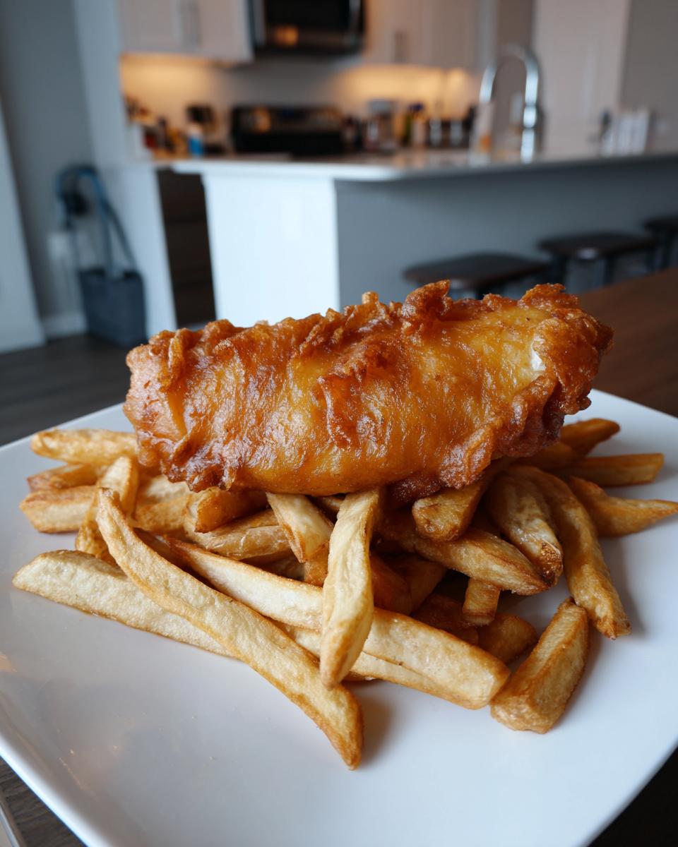 A generous serving of golden, crispy battered fish resting on a pile of thick-cut chips, ready to eat for amazing fish and chips.