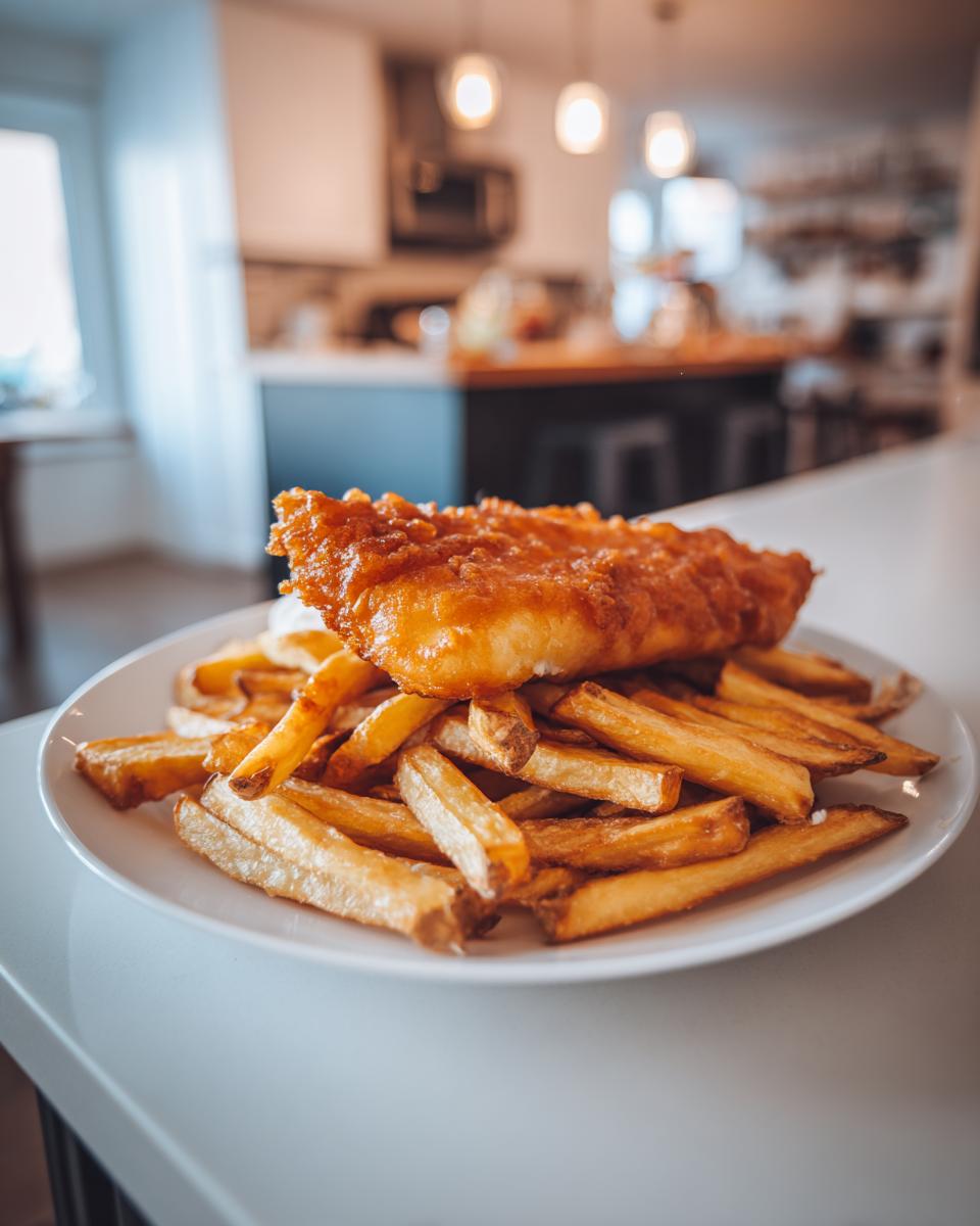 A perfectly battered piece of fish resting on a generous serving of thick-cut chips, ready to enjoy as classic Fish and chips.