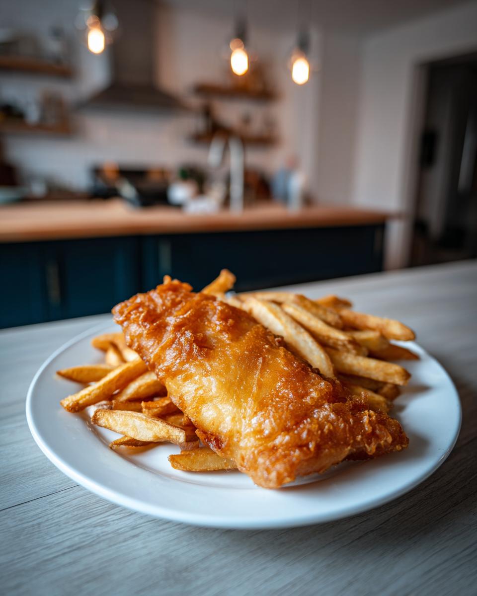 A perfectly battered piece of fish served over a generous portion of golden french fries, classic Fish and chips.