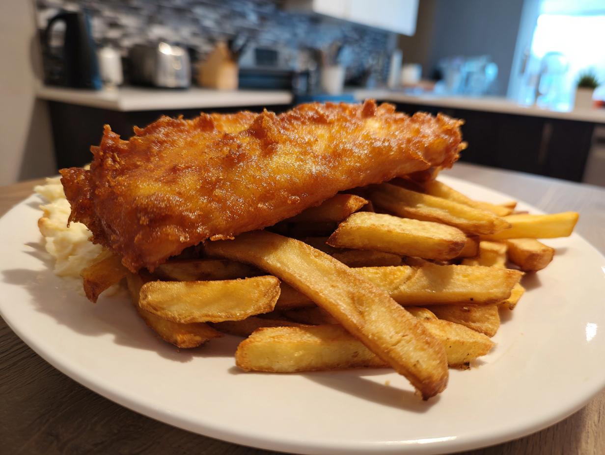 A close-up of crispy, golden battered fish served over a pile of thick-cut chips, part of a classic Fish and chips meal.