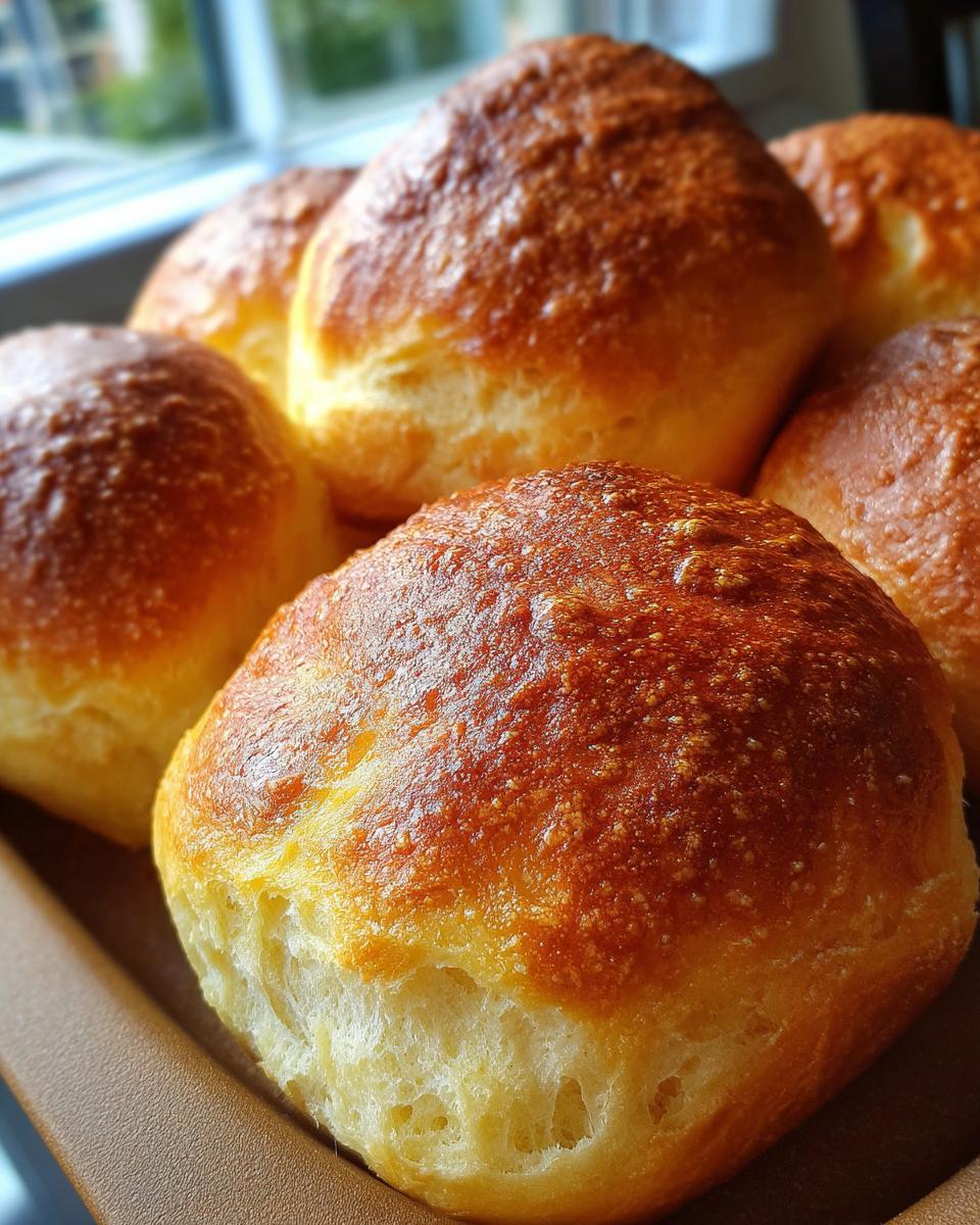 Close-up of golden brown, fluffy dinner rolls baked to perfection in a tray.