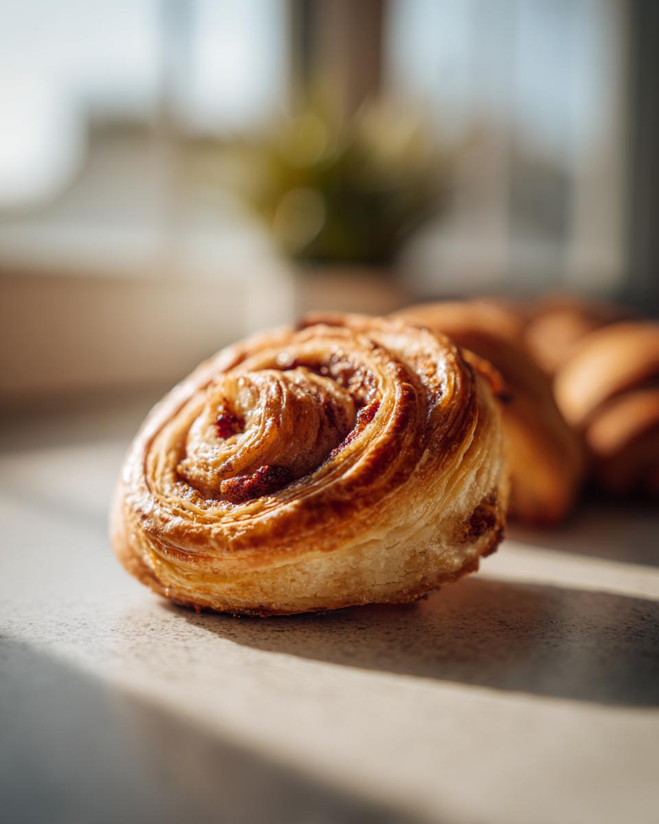 Close-up of a single, golden-brown rugelach pastry with visible swirls and a hint of filling.