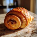 Close-up of a golden brown, flaky rugelach pastry with a swirl of filling visible.