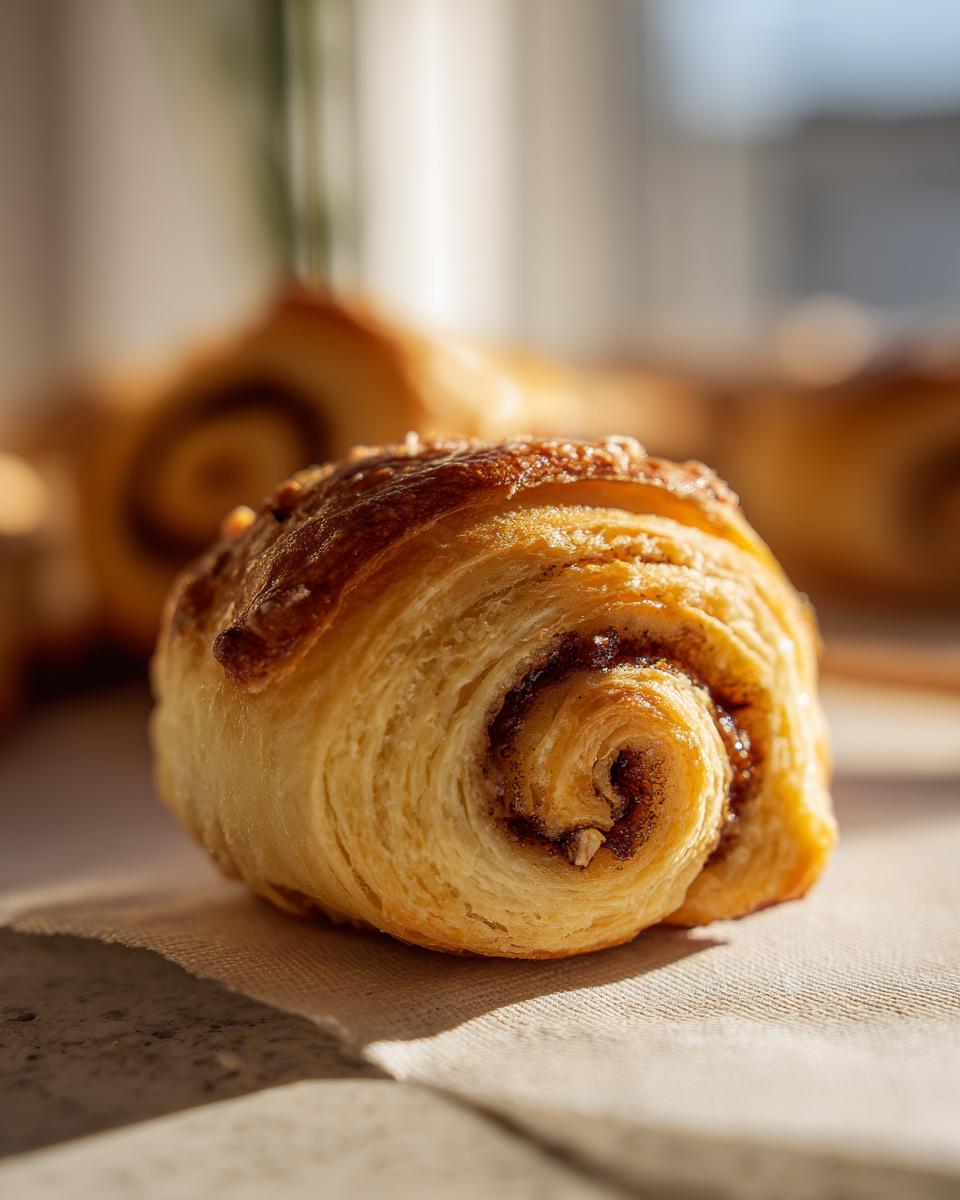 Close-up of a freshly baked Rugelach pastry with a golden-brown, flaky crust and a visible cinnamon swirl inside.